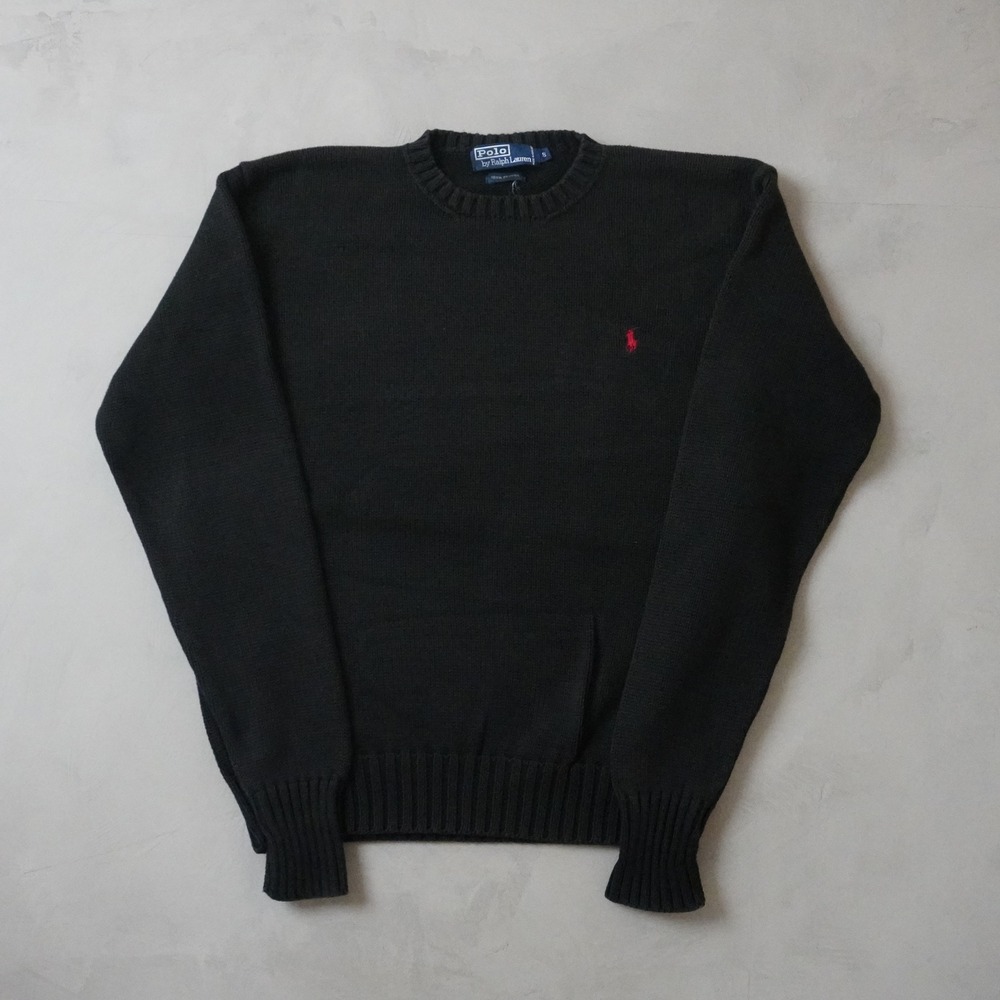 Vintage Polo Ralph Lauren Crewneck Sweater Small Mens Black Cotton Knit Red Pony